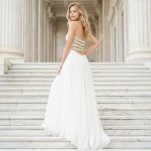 Sherri Hill 6 White Silk Beaded Strapless Gown Open Back Prom Pageant Dress